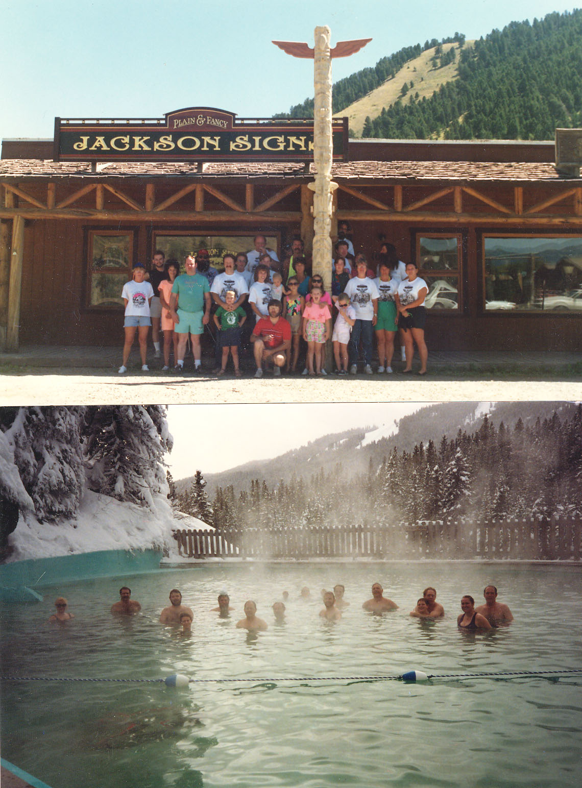 The Crew in August and the group in the Granite Hot Springs after snowmobiling in.